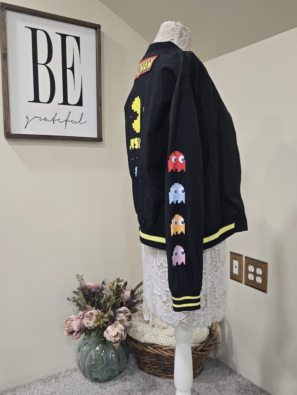 JUSTICE Pac-Man & Ghosts Black Bomber Jacket with Yellow Trim NWOT